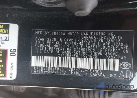 2016 Toyota Corolla Le from USA, damaged, VIN 2T1BURHE0GC521625